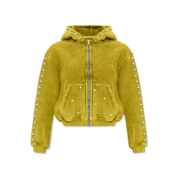 Sweat à capuche court pour homme 100 % coton molletonné, coupe carrée, délavé à l'acide, avec impression numérique personnalisée et fermeture éclair entièrement ornée de strass, collection Printemps