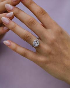 10mm Asscher Cut Diamond Minimalist Engagement Ring | Three <b>Stone</b> Trapezoid Sides Sterling Silver 18K Gold Plated | Women's - Product Image 2