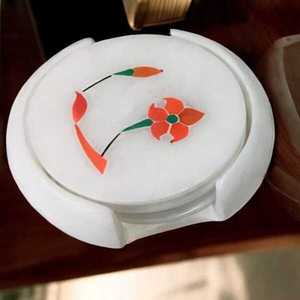 ANURAG HANDICRAFT Ensemble de sous-verres en marbre blanc faits à la main avec incrustation florale, support moderne assorti, décoration de table, cadeau de mariage - Product Image 5