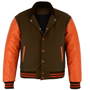 2026 OEM Stylish <b>Brown</b> <b>Wool</b> Orange Leather Sleeves Varsity Jacket For Men's High Quality Low MOQ Heated Winter Fashion Jackets - Product Image 1