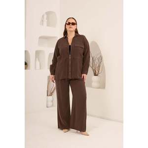 Veste grande taille pour femme avec manches plissées et détail taille à cordon, marron - Product Image 5