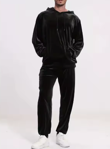 Conjunto Deportivo de Hombre con Capucha de Terciopelo Negro, Manga Larga, Color Sólido, Pantalones Jogger Casuales, Transpirable, Corte Regular, Ropa de Otoño - Product Image 5