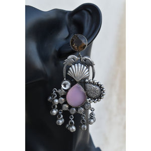 Boucles d'oreilles créoles Jhumka grandes, en laiton aspect argenté, nouveau design, faites à la main, avec pierres traditionnelles, pour filles et femmes - Product Image 1