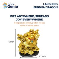 Statue Feng Shui Bouddha rieur avec dragon sur des pièces de monnaie pour la richesse, le succès et la prospérité