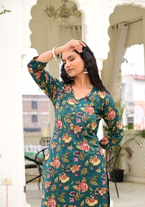 Ensemble Salwar Kameez pour femmes, imprimé floral ethnique vert sarcelle, en coton, pour les fêtes d'été, avec col en V et manches trois quarts - Product Image 5