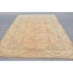 Tapis turc vintage 7,8x12,8 pieds, motif patchwork orange et vert, en laine, avec support en latex, pelucheux, écologique, traditionnel, pour salle à manger - Product Image 1