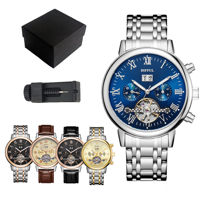 DIFFUL Men's Luxury Multi Functional Fully Chronograph Automatic Mechanical Watch Stainless Steel Tourbillon Style Watch