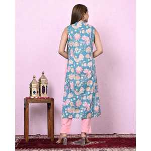 Kurta Recta de Algodón con Estampado Floral Azul para Mujer, Cuello Mandarín, Transpirable, con Aberturas, Talla XS/Talla Única para el Día - Product Image 3