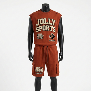 Ensemble short et t-shirt sans manches en molleton de coton épais 240 GSM pour homme, orange rouille, avec poches cargo, style streetwear - Product Image 6