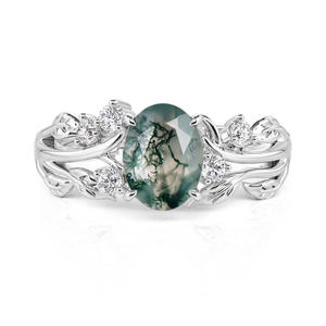 Bague de fiançailles en or rose plaqué, motif floral, feuille ovale, agate mousse, tendance - Product Image 1