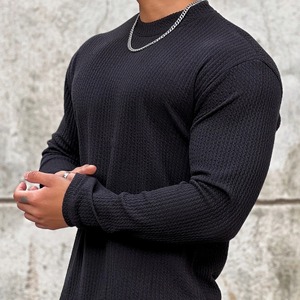 100% Otoño Invierno camiseta Casual hombres manga larga camisa sólida gimnasio Fitness camisetas Tops moda masculina ropa de rayas delgadas - Product Image 2