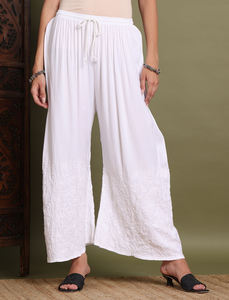 Chikan bordado ecológico crepé Palazzo de talla grande Ropa Étnica para mujer con cintura elástica y cintura media para el verano - Product Image 5