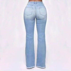 Pantalones vaqueros rasgados para mujer, venta al por mayor personalizada, parte inferior de campana alta, pierna ancha, talla XL, ropa informal transpirable para mujer para verano, medio sólido, Sexy - Product Image 2