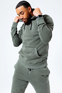 Ensemble sweat à capuche et pantalon de survêtement décontracté pour homme, 100 % coton, couleur unie, délavage acide, coupe classique, fermeture à cordon, écologique, logo personnalisé - Product Image 4