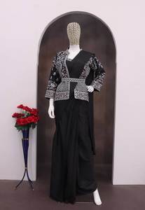 Women Ready to Wear <b>Jacket</b> Saree in Crepe Silk with Embroidered Koti Blouse Festive Party Ethnic Look - Product Image 6