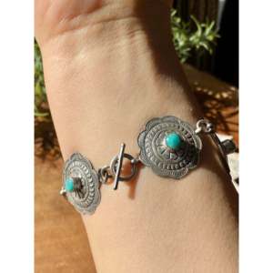 Handmade Navajo Kingman Turquoise & Sterling <b>Silver</b> Flower Concho Link <b>Bracelet</b> - Product Image 5