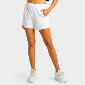 Short 2-en-1 blanc pour femme Tissu léger extensible dans les 4 sens 90% Polyester 10% Spandex Taille haute élastique Poche sexy - Product Image 3