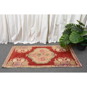 Tapis turc vintage 1.7x3,4 pieds, tapis à tissage plat rouge et beige avec support en latex motif patchwork pour décorations de salon - Product Image 2