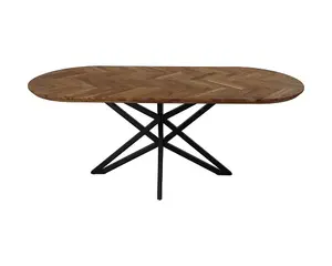Weaving fishbone design natural finish solid acacia wood dining table with heavy metal legs