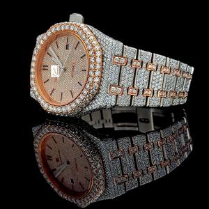 Montre de luxe pour homme en acier inoxydable faite à la main avec diamants en moissanite taillés Fenêtre en verre glacé Mouvement mécanique Ronda Pointeur Hip Hop - Product Image 3