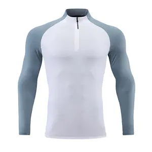 Camiseta deportiva de manga larga para hombre, ropa de entrenamiento elástica de secado rápido con cuello levantado y media cremallera de color sólido para correr