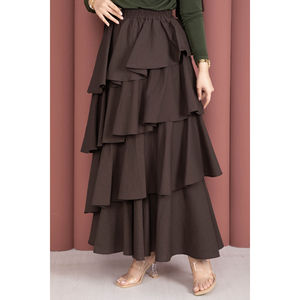 Brown Layered Ruffled Wrap <b>Skirt</b> Comfortable Breathable Spandex & Silk <b>Patchwork</b> Print Formal & Cute Styles for Spring - Product Image 2