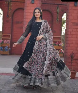 Traditional Indian Style Faux Blooming Embroidery with Thread Embroidery Zari Sequins Work Anarkali Gowns with Organza Dupatta