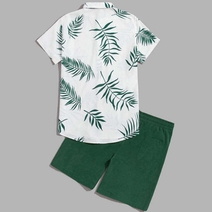 <b>Mens</b> Vintage Tropical Leaf Print <b>Short</b> Sleeve Shirt <b>Green</b> <b>Shorts</b> Set Casual Summer Beachwear Lightweight Breathable Two-Piece - Product Image 4