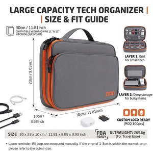 Sac de rangement numérique portable prêt à être expédié, organisateur de voyage double couche pour appareils électroniques, faible MOQ, logo personnalisé, pochette pour câbles - Product Image 2