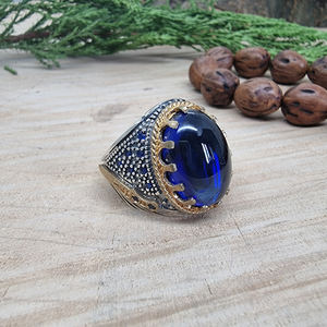 925 Sterling <b>Silver</b> Handmade Oval Blue CZ <b>Stone</b> <b>Men</b> <b>Ring</b> Turkish <b>Ring</b> <b>Men</b> Ottoman Arabic Trendy <b>Ring</b> Accessories Gift for Man - Product Image 2