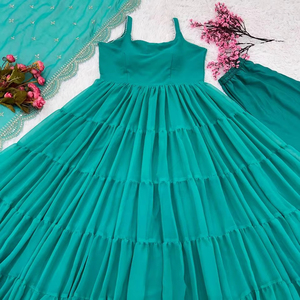 Nuevo vestido de Georgette de imitación Anarkali con estilo de volantes y cosido completo con la colección Dupatta Ready To Wear - Product Image 1