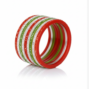 Tricolor Stone-Studded Lac Fashion Bangles Set <b>Red</b> Green & Silver - Product Image 4