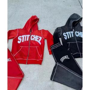 ชุดวอร์มผ้าฝ้ายฟอกสี Y2K ทันสมัยชุดวอร์มมีฮู้ดผ้าคอตตอนแนวสตรีทแวร์มีซิปพิมพ์ลายพลอยเทียมปรับแต่งได้เสื้อสั้น - Product Image 2