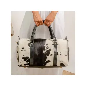 Large Brown & White Leather Cowhide Duffle Bag Natural Fur with Animal Print for Weekend Overnight Travel