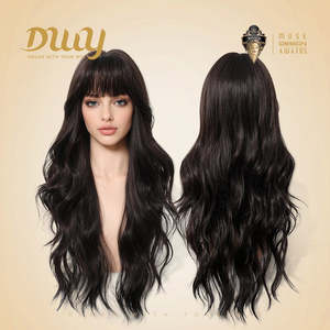 Noelle-DWY 26 Inches Free Part Synthetic <b>Wig</b> for Women Machine Made Long Layer Wave Tea Black Glueless Transparent Lace Bangs - Product Image 4