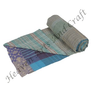 Manta Vintage Hecha a Mano 100% Algodón Indio, Colcha Kantha, Manta Reversible India Cosida a Mano, Manta Pesada de Sari Antiguo - Product Image 6