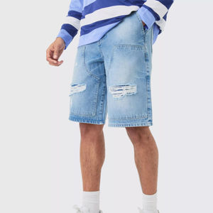 Pantalones Cortos Anchos de Mezclilla para Hombre, Color Azul Claro, Estilo Relajado, Rígidos, Desgastados, Tipo Carpintero, 100% Algodón, con Bolsillos Utilitarios y Detalles Desgastados - Product Image 3