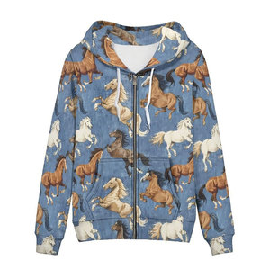 Sudadera con Capucha para Mujer, Diseño de Caballo Azul en Estampado Terry Premium, Cierre Frontal con Cremallera, Manga Larga, Estilo Casual Moderno - Product Image 1