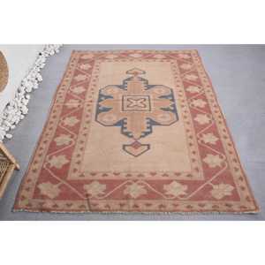 Alfombra de lana Vintage, diseño de retales Beige azul, hecha a mano, rectángulo de 5x6,3 pies para sala de estar, dormitorio, pasillo, felpa con respaldo de látex - Product Image 1