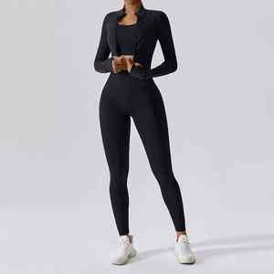 Ensemble de sport élégant pour femme en 3 pièces, respirant, soutien-gorge de sport à maintien élevé, veste à manches longues, leggings de yoga taille haute, salle de sport - Product Image 1