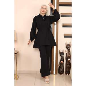 Ensemble décontracté 2 pièces pour femme MSW19129-1 Noir – Haut long et short à ourlet fendu longueur midi – Tailles XS à XL - Product Image 1