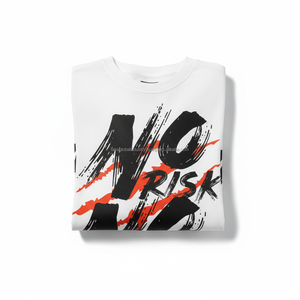 T-shirt graphique pour homme « No Risk No Stor » avec typographie audacieuse à effets de pinceaux, coupe oversize, blanc, streetwear, en coton, logo personnalisé, OEM - Product Image 6