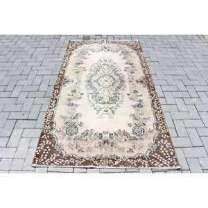 Vintage Area Rug 3.7x6.8 ft, Turkish <b>Brown</b> Floral <b>Wool</b> Rug - Product Image 1
