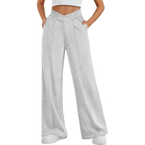 Pantalones largos de pierna ancha de algodón tejido de Color sólido a la moda de cintura alta para mujer, pantalones de suéter sueltos con dos bolsillos laterales - Product Image 5