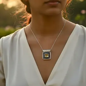 Colgante de Oro Rosa 925 con Citrino, Amuleto de Piedra Preciosa Cuadrada Hecho a Mano para Mujer, Chapado en Rodio, Patrón Numérico, Material Principal Joyería - Product Image 3