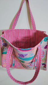 Traditional Indian Kantha Quilted Hand Block <b>Floral</b> Printed <b>Tote</b> <b>Bag</b> Large Casual Trendy Custom Fashion Accessory - Product Image 3