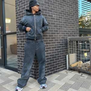 Men's 100% Cotton Hoodies and Sweatpants Set Acid Wash Oversized Full Zip Custom Heavyweight Rhinestone Style - Product Image 3
