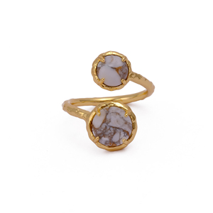 Anillo chapado en oro con banda abierta de Calcedonia de Perú de ópalo azul doble para mujer, anillos de piedras preciosas ajustables antideslustre hechos a mano - Product Image 5
