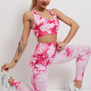 <b>Pink</b> Tie Dye Yoga Set Womens 2 Piece High Waist Leggings <b>Crop</b> <b>Top</b> Racerback Scoop Neck Breathable Spandex Polyester Workout Wear - Product Image 1