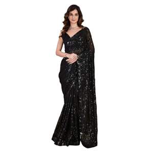 Trendmalls Sari en Georgette Brodé pour Femme avec Pièce de Blouse Non Cousue (K1009) Noir Style Fête pour Été Hiver Mariage - Product Image 1